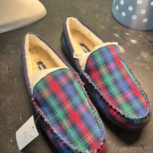 Lands' End Blue and Red Plaid Moccasin Slippers